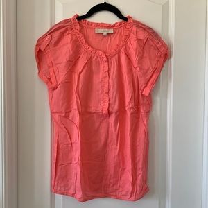 LOFT Coral Pink Striped Ruffle 100% Cotton Blouse Size Small
